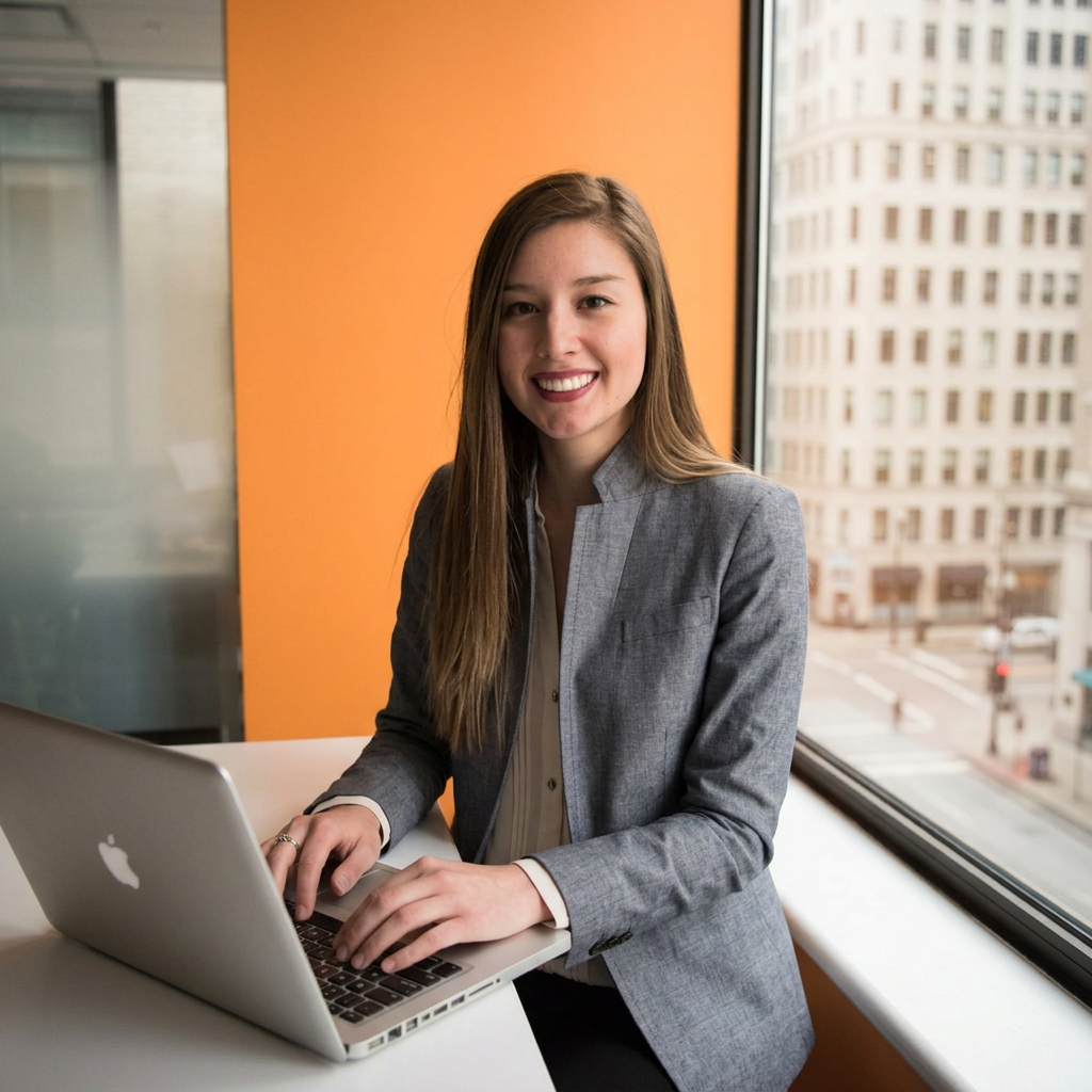 Professional smiling while working on a laptop